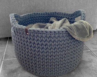 Panier au crochet XL rond avec anses, grand, rangement, décoration, panier à linge ; différentes couleurs disponibles