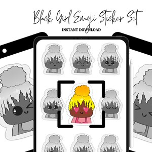May include: A set of 9 digital stickers featuring black girls with different hairstyles and expressions. The stickers are in a cartoon style and are perfect for adding a touch of personality to your digital projects.