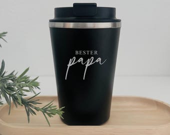 Thermobecher Papa graviert, Edelstahl 350 ml – personalisiertes Geschenk zum Vatertag in Creme, Schwarz, Blau, Oliv Grün