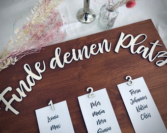 Finde deinen Platz Schriftzug Holz natur / Sitzplan