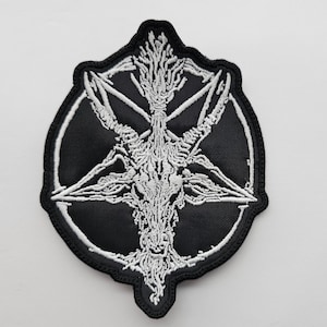 May include: White embroidered patch featuring a pentagram with a goat's head in the centre on a black background.