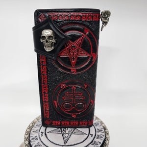 Cartera larga de cuero para motociclista con el símbolo de Baphomet hecha a mano