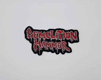 Parche bordado con borde en forma de logotipo de martillo de demolición rojo y blanco