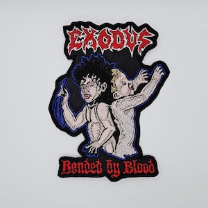 May include: Embroidered patch with the word "EXODUS" in red, stylized lettering above two figures. The figures are nude with dark hair and a blue cloth. The text "Bonded by Blood" is below the figures in red.