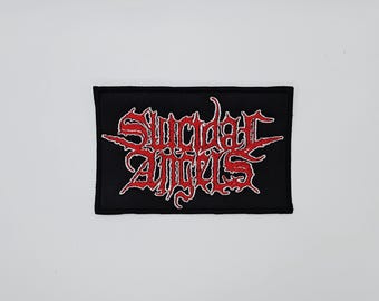 Parche bordado con borde cuadrado y logotipo blanco y rojo de Suicide Angels