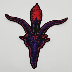 May include: Embroidered patch featuring a stylized image of Baphomet, a goat-headed deity. The patch has a black border with a purple and red design. The goat's head is purple with red eyes and a red pentagram.
