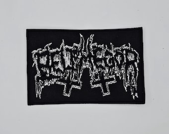 Parche bordado con borde cuadrado y logotipo blanco de Belphegor