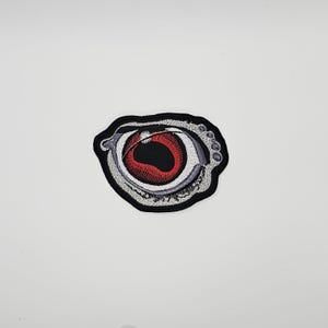May include: Embroidered patch with an eye design. The eye has a black pupil, a red iris, and a grey and white eyelid. The patch is outlined in black and has a textured appearance.