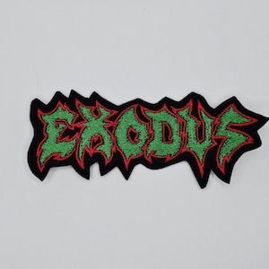 May include: Embroidered patch with the word "EXODUS" in green, edged with red, on a black, jagged-edged border. The design has a heavy metal or punk rock style, ideal for application on clothing or accessories.