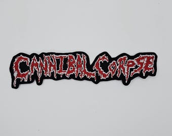 Parche bordado con borde en forma de logotipo rojo y blanco de Cannibal Corpse