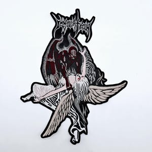 May include: Embroidered patch featuring a dark, gothic design. The patch depicts a winged figure with outstretched arms, a demonic figure, and the band name in a stylized font. The color palette includes black, red, white, and gray.