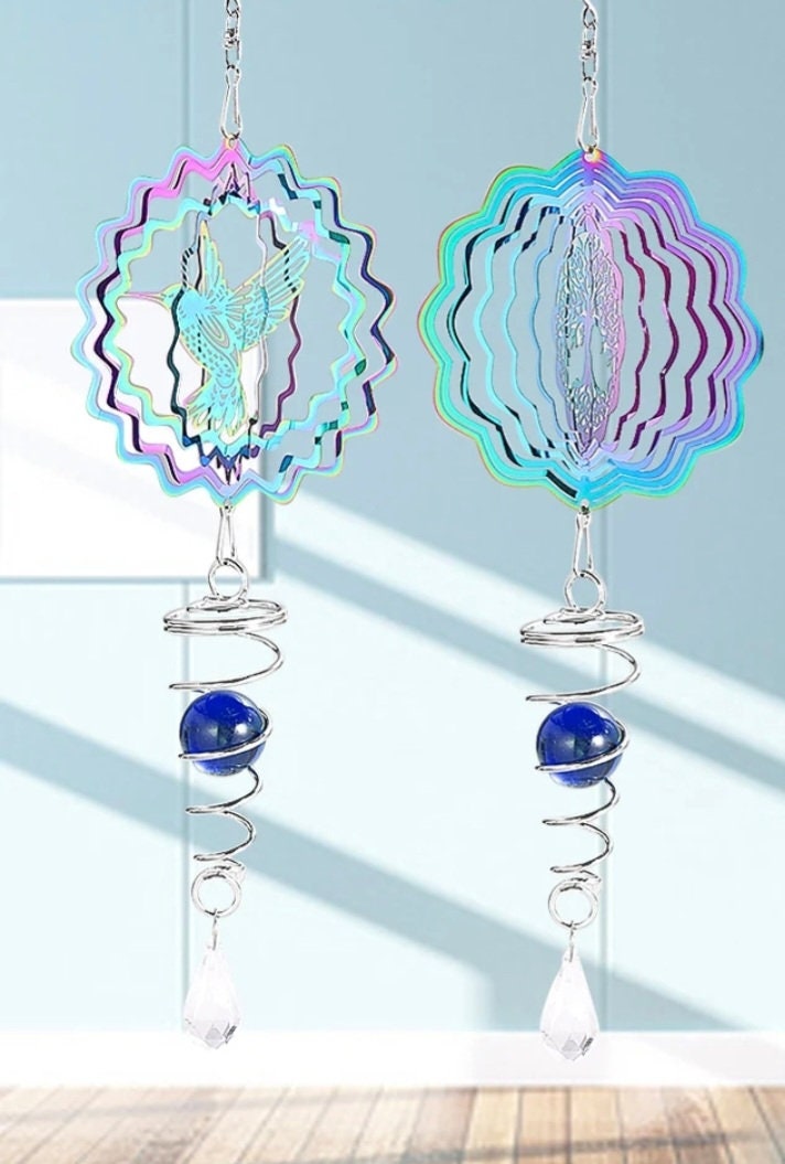 Rotating Stainless Steel 3D Small Multicoloured Tree of Life/ Hummingbird Wind Spinner With Cristal Tail Wind Spinner 3.9' in