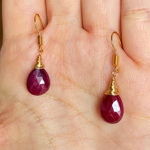 Natural Ruby briolette Teardrop Ruby Gold wrapped dangle Earrings, July birthstone earrings. Carnelian, Onyx, Amethyst briolette available