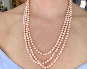Long Blush pink Freshwater pearl neckless neckless. Multi strand  Pearl neckless. yellow pearl peach pink pearl. Bridal jewelry Mothers gift