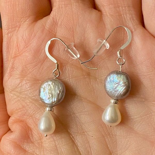 High luster freshwater baroque flat coin pearl dangle earrings, gray, white or pink Coin pearl on sterling silver earrings.Mother’s Day