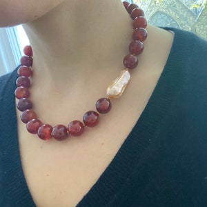 Large red smooth carnelian stone and pink blush large Baroque pearl necklace. Large carnelian pyramid shaped and round Garnet neckless