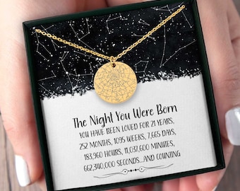 21st Birthday Star Map Necklace, Personalized 21st Birthday Gift for Her, The Night You Were Born Keepsake, Birthday Jewelry