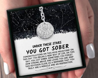 On This Day You Got Sober Custom Star Map by Date Keychain, Personalized Sobriety Jewelry, Addiction Recovery, Sobriety Gift for Men, Women