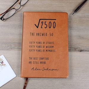 May include: A brown leather journal with the text "√2500 THE ANSWER: 50" and other text about stories, wisdom, and memories. The journal has a ribbon bookmark and is personalized with the name "Alex Johnson".