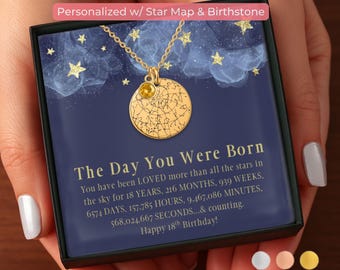 Collar con mapa estelar y fecha para niña, regalo de cumpleaños número 18, con piedra de nacimiento