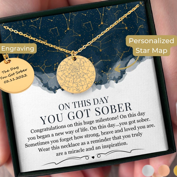 Sober Date Custom Star Map By Date Sobriety Coin Necklace Sober Anniversary Gift, Recovery Gifts, Encouragement Gift For Women Inspirational