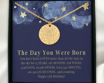 13th Birthday Star Map Necklace, Personalized 13th Birthday Gift for Her, The Day You Were Born Keepsake, Gift for Daughter or Granddaughter