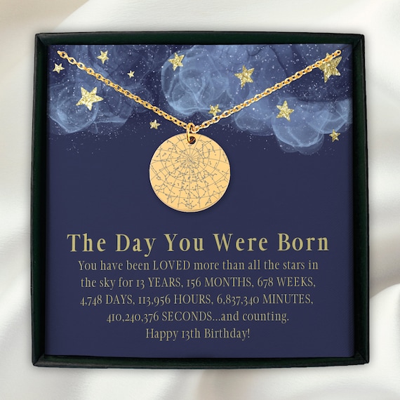 13th Birthday Star Map Necklace, Personalized 13th Birthday Gift for Her, The Day You Were Born Keepsake, Gift for Daughter or Granddaughter