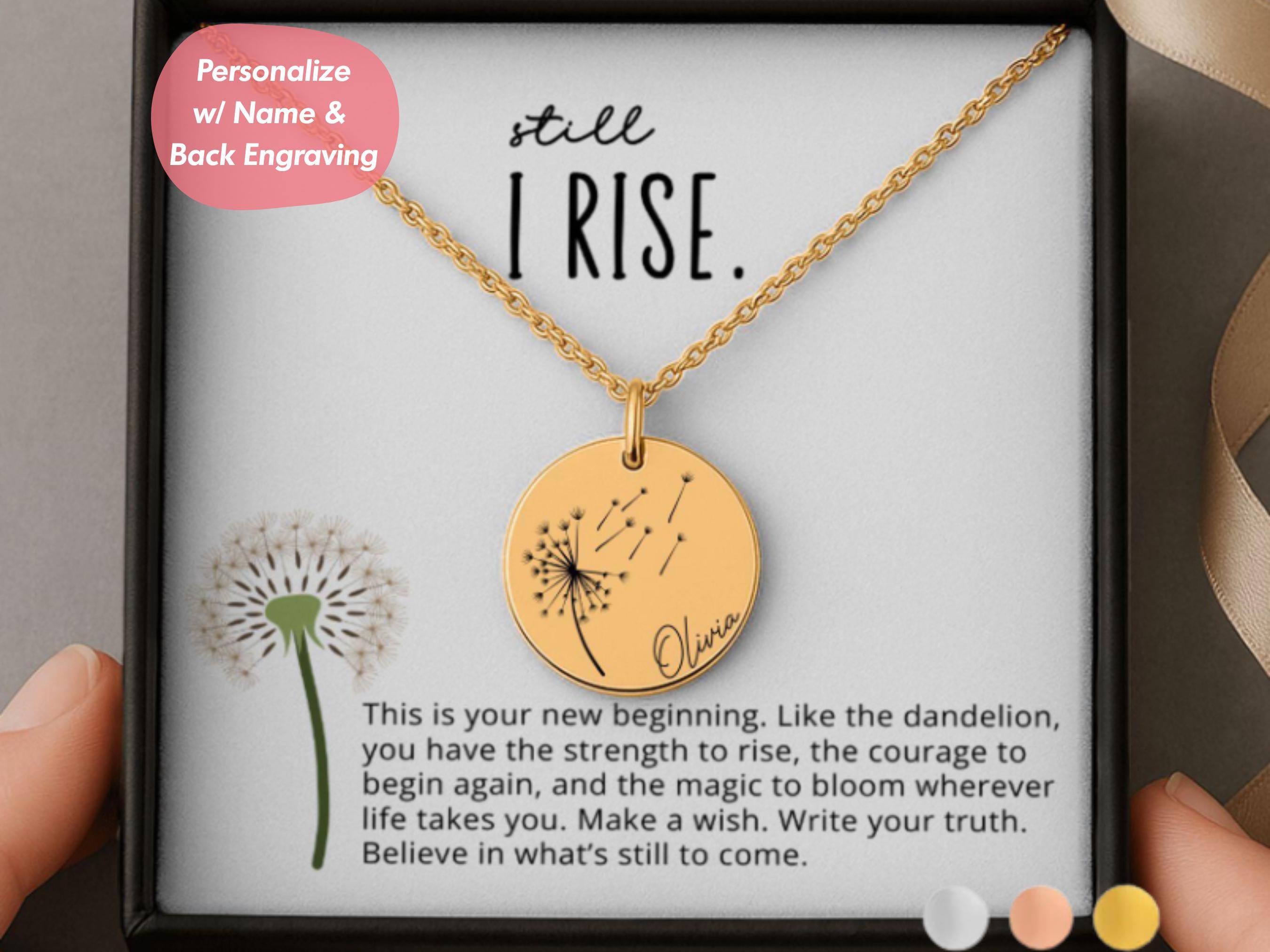 Personalized New Beginnings Gift, Still I Rise encouragement jewelry gift, Empowering jewelry, New chapter Gold Dandelion necklace for women
