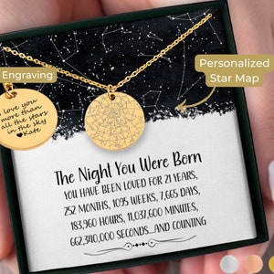 Collier personnalisé carte des étoiles par date 21e anniversaire pour elle, cadeau 21e anniversaire pour elle, boîte cadeau personnalisée 21e anniversaire cadeau personnalisé