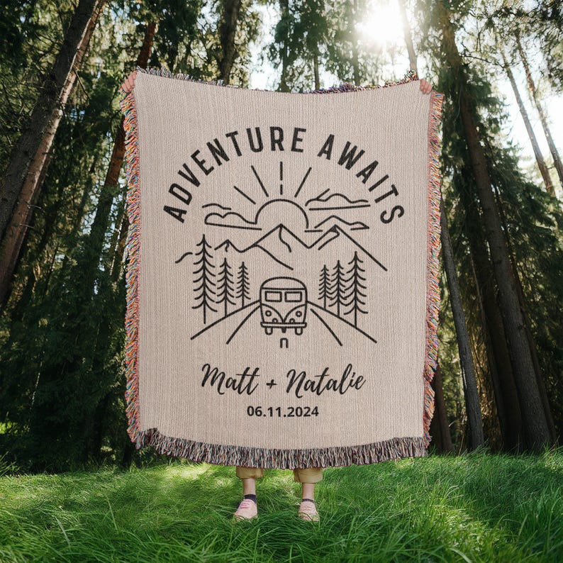 Personalized Wedding Gift for Couple Custom Name and Date Blanket | Bridal Shower Gift for Nature Lovers, Colorado Mountain Theme Camping