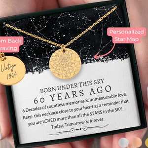 Cadeaux 60e anniversaire pour femme Collier personnalisé carte des étoiles par date, Cadeau 60e anniversaire pour elle Cadeaux pour amis Cadeau pour maman Carte 60e anniversaire
