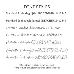 Pu&ograve; includere: Immagine che mostra vari stili di carattere, intitolata "FONT STYLES". Include esempi di caratteri Standard, Personalizzati e Manoscritti, ognuno dei quali mostra lettere minuscole e maiuscole, insieme a numeri. Un disclaimer afferma che verr&agrave; utilizzato un carattere Standard se non ne viene selezionato nessuno.
