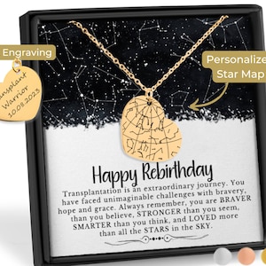 Cadeau d'anniversaire de greffe, carte des étoiles personnalisée par date, pendentif coeur, cadeau de greffe de coeur, cadeau de renaissance pour le receveur d'organes, cadeau de rétablissement