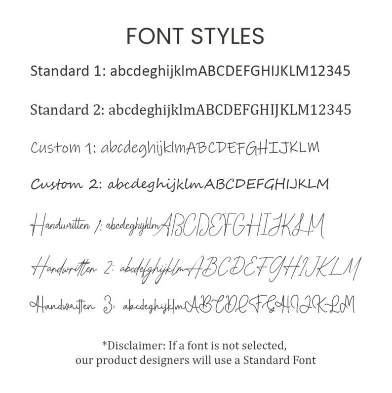May include: Image showcasing various font styles, including Standard, Custom, and Handwritten options. Each style displays the alphabet and numbers, with the text "FONT STYLES" at the top. A disclaimer notes the use of a standard font if none is selected.