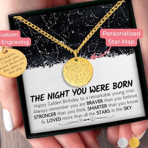 Carte d'anniversaire dorée personnalisée par date gravée, collier avec carte, cadeau personnalisé pour fils, petit-fils de grand-mère, neveu, ami, cadeau