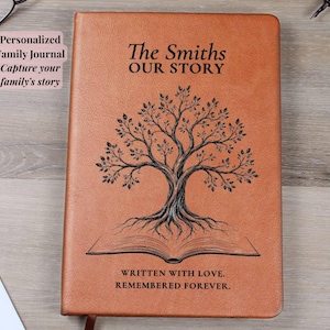 May include: A tan leather-bound journal featuring a black engraved design of a tree growing out of an open book. The text reads: The Smiths OUR STORY, WRITTEN WITH LOVE. REMEMBERED FOREVER. The journal has a smooth, rectangular cover.