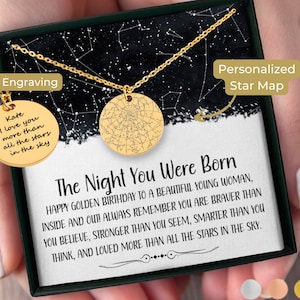 Golden Birthday Custom Star Map By Date Necklace, Ideas For Golden Birthday Gifts, Golden Birthday Gift Necklace With Card Personalized Gift