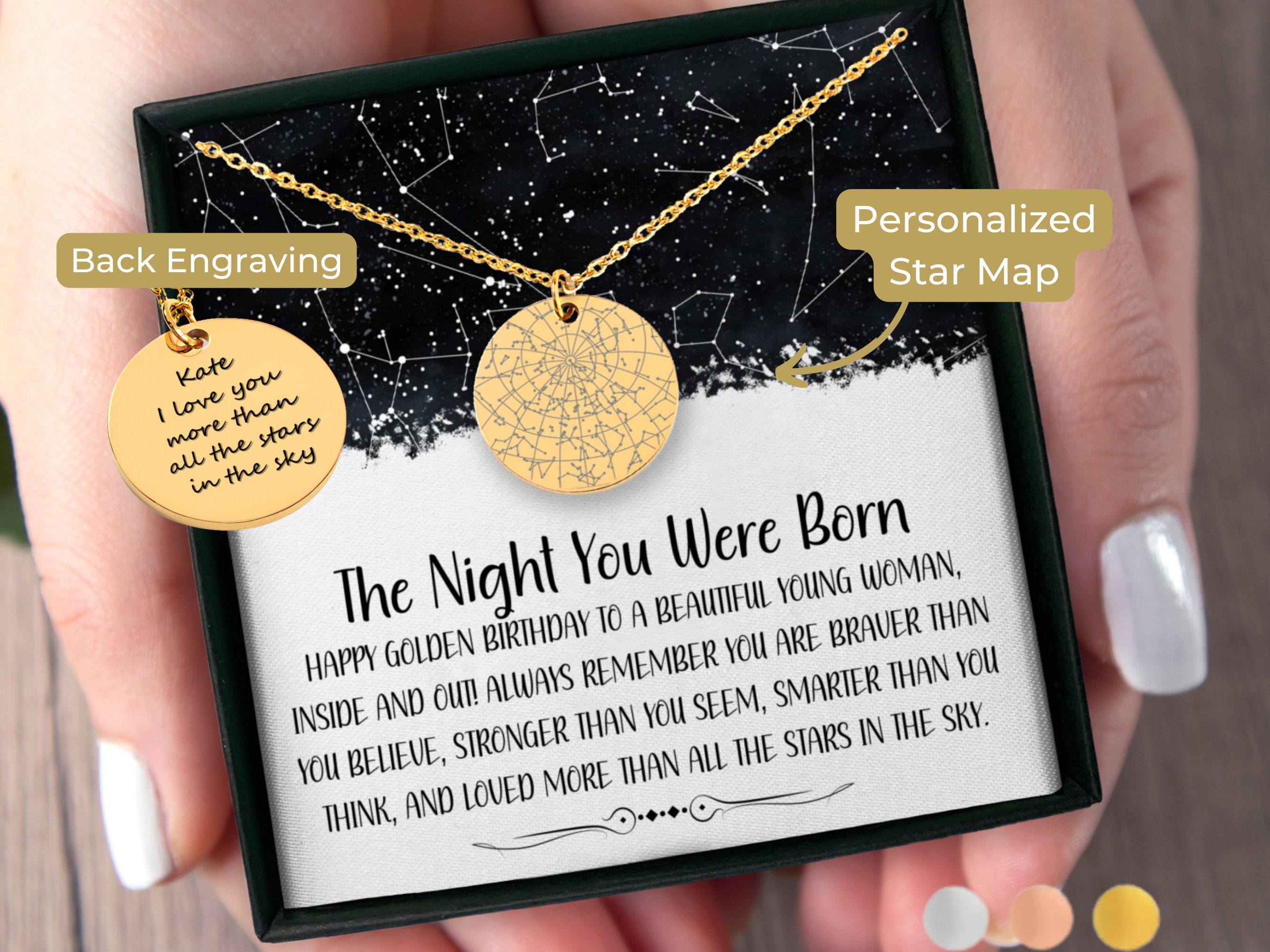 Golden Birthday Custom Star Map By Date Necklace, Ideas For Golden Birthday Gifts, Golden Birthday Gift Necklace With Card Personalized Gift