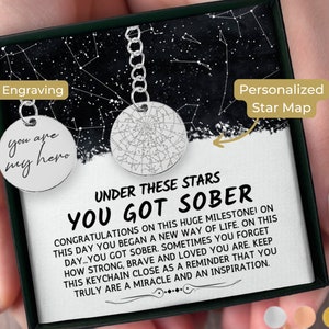 On This Day You Got Sober Custom Star Map by Date Keychain, Personalized Sobriety Jewelry, Addiction Recovery, Sobriety Gift for Men, Women