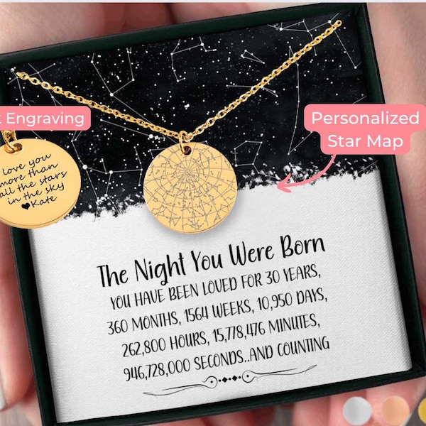 Personalised 30th Birthday Present Custom Star Map By Date 30th Birthday Gift for Daughter, Granddaughter, Niece, Best Friend Jewelry Gifts
