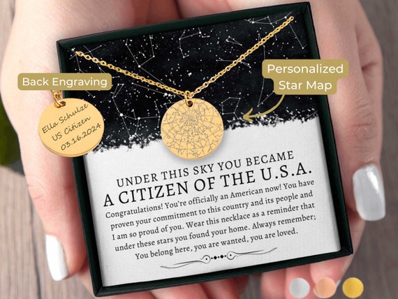 US Citizenship Gift for Her Custom Star Map By Date Necklace Custom New US Citizen, Becoming An American, Immigration Process Immigrant Dual