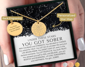 Sobriety Gift For Women, Custom Star Map By Date, 1 Year Sober Friend, Sober Birthday Alcohol Recovery Jewelry Recovery Gifts for Her Friend