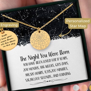 17th Birthday Gift for Her Custom Star Map By Date Necklace, Night You Were Born,  Seventeenth Birthday Gift for 17 Year Old Girl Present