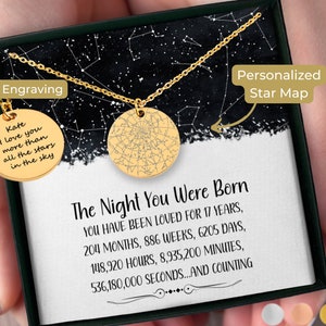 Cadeau de 17e anniversaire pour elle, collier personnalisé carte des étoiles par date, nuit de votre naissance, cadeau de 17e anniversaire pour fille de 17 ans