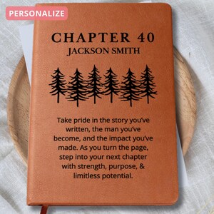 K&ouml;nnte beinhalten: Ein braunes Lederjournal mit dem Text "CHAPTER 40" und "JACKSON SMITH" auf der Vorderseite. Das Journal enth&auml;lt auch ein Zitat &uuml;ber den Stolz auf die Geschichte, die man geschrieben hat, den Mann, der man geworden ist, und die Wirkung, die man erzielt hat. Das Zitat ermutigt den Leser, mit St&auml;rke, Zielstrebigkeit und grenzenlosem Potenzial in sein n&auml;chstes Kapitel einzusteigen.