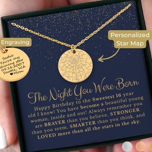 Aangepaste sterrenkaart op datum, gepersonaliseerde 16e verjaardagscadeau, sterrenbeeld ketting Sweet 16 verjaardag, dochters verjaardag, kleindochter, nichtje