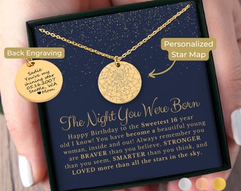 Custom Star Map By Date, Personalized 16th Birthday Gift, Constellation Necklace Sweet 16 Birthday, Daughters Birthday, Granddaughter, Niece