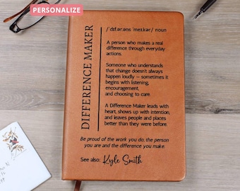 Personalized Difference Maker Journal, Custom Name Encouragement Gift, Inspirational Vegan Leather Notebook