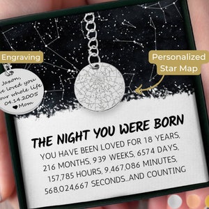 Cadeau 18e anniversaire, carte des étoiles personnalisée par date, porte-clés, cadeaux pour fils, cadeau fils bonus, cadeau d'anniversaire pour lui, cadeaux maman à fils, mère à fils