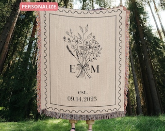 Personalized Cotton Anniversary Blanket | Custom Wedding Throw with Initials & Established Date | 2nd Anniversary Gift for Wife or Couple
